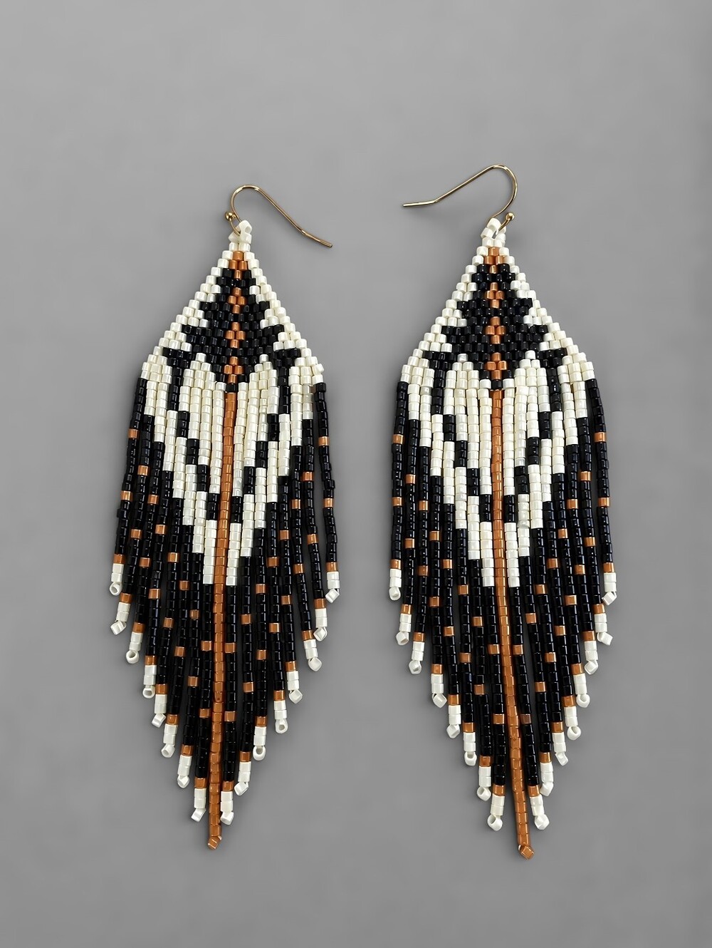 Perth Southwestern Boho Seed Bead Fringe Earrings Statement - Black Cream